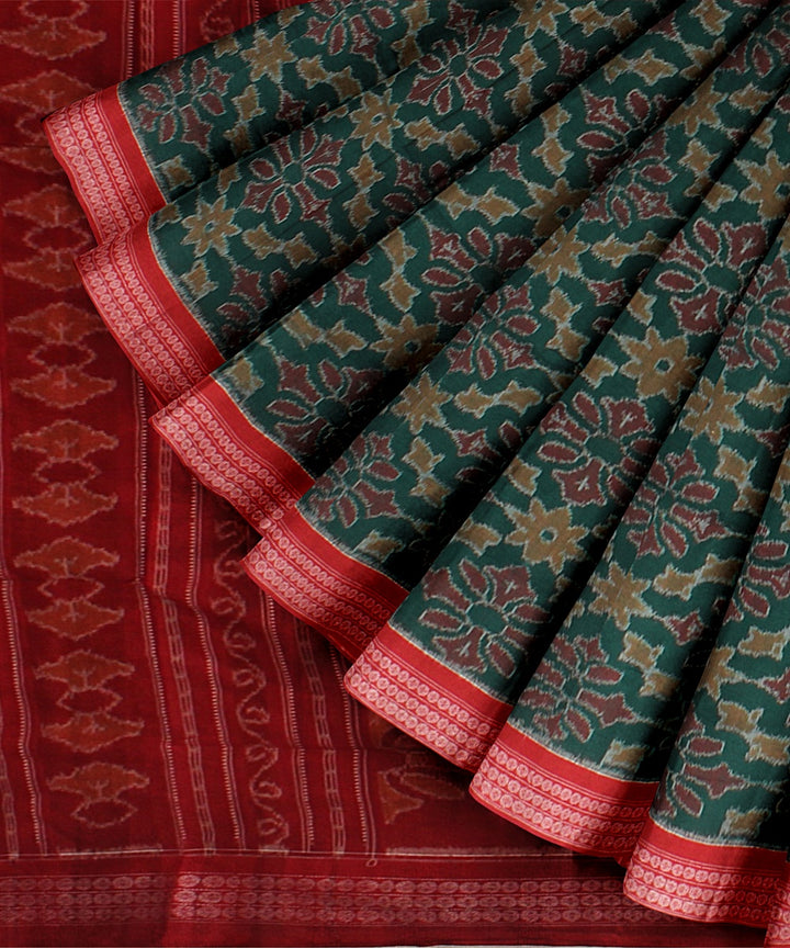 Dark green red cotton handloom sambalpuri saree