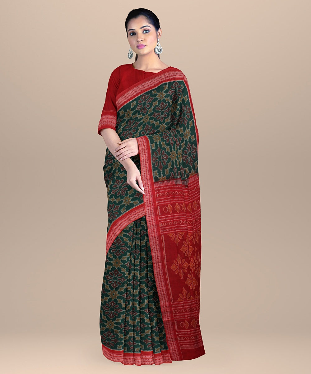 Dark green red cotton handloom sambalpuri saree