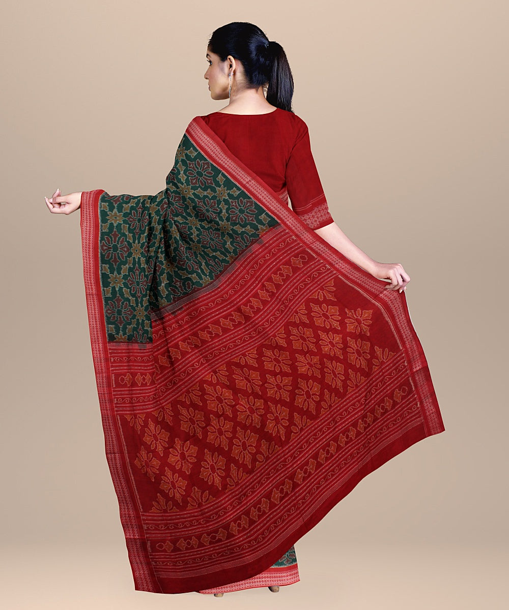 Dark green red cotton handloom sambalpuri saree