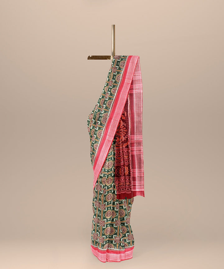 Dark green red sambalpuri cotton handloom saree