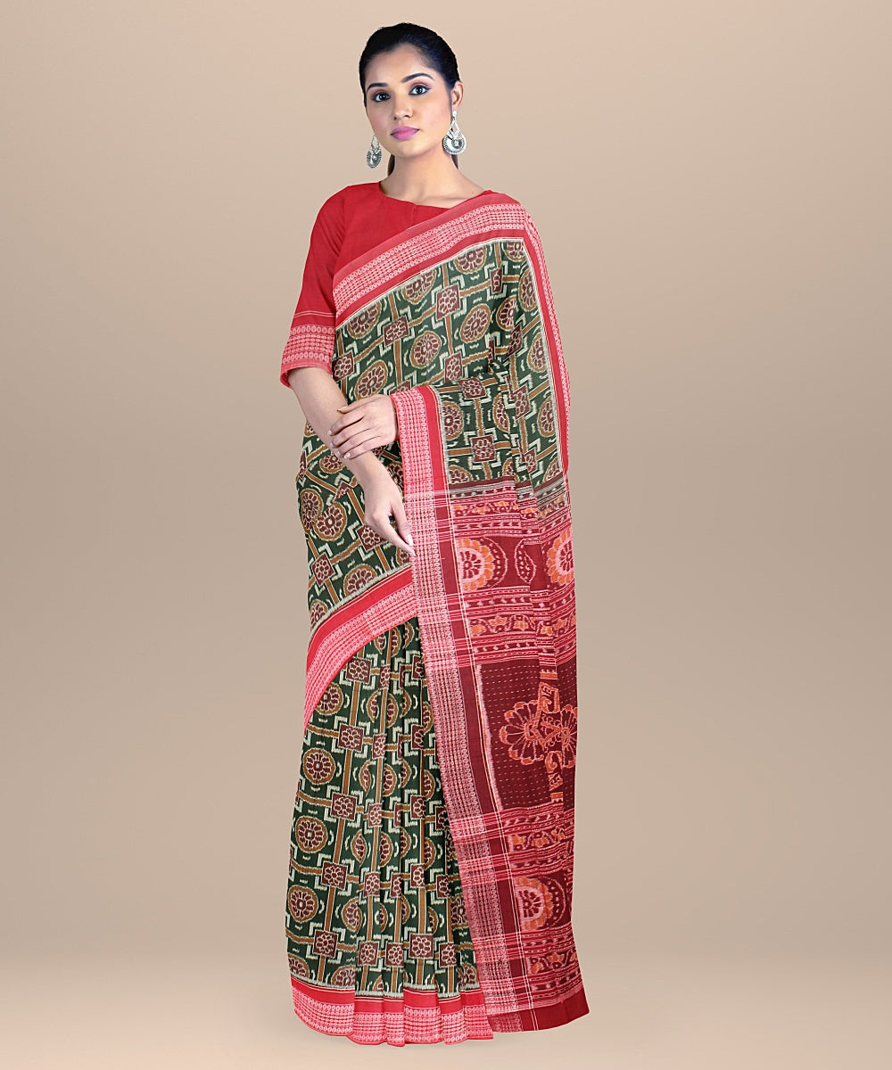 Dark green red sambalpuri cotton handloom saree