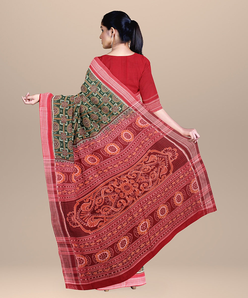 Dark green red sambalpuri cotton handloom saree