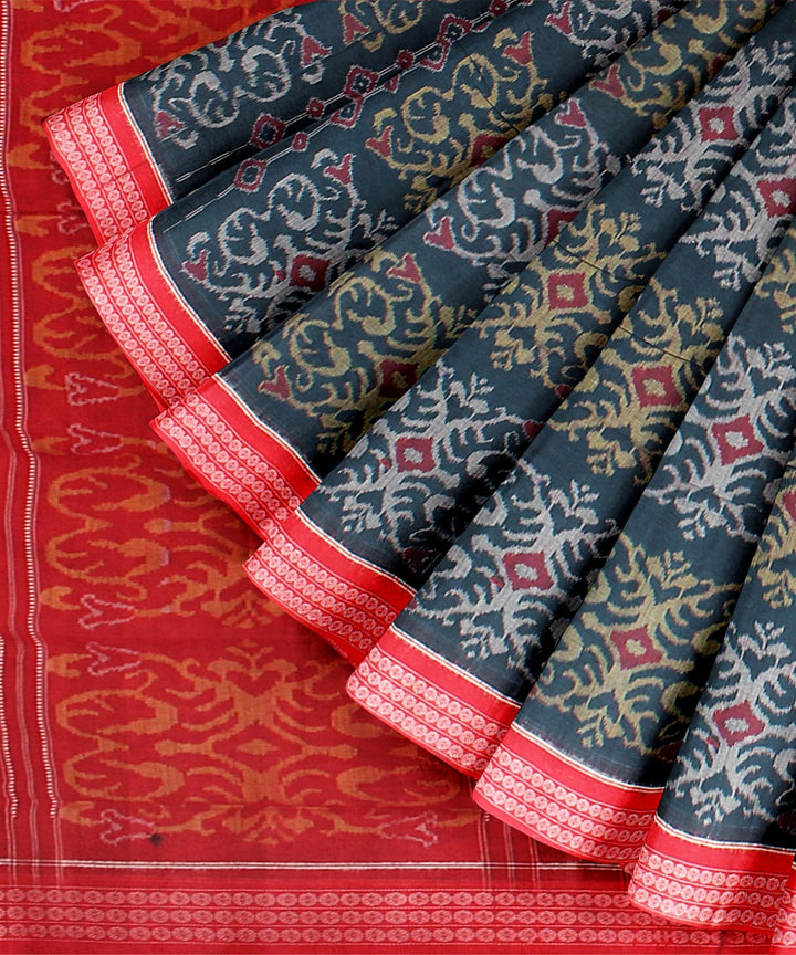 Bottle green red cotton handloom sambalpuri saree