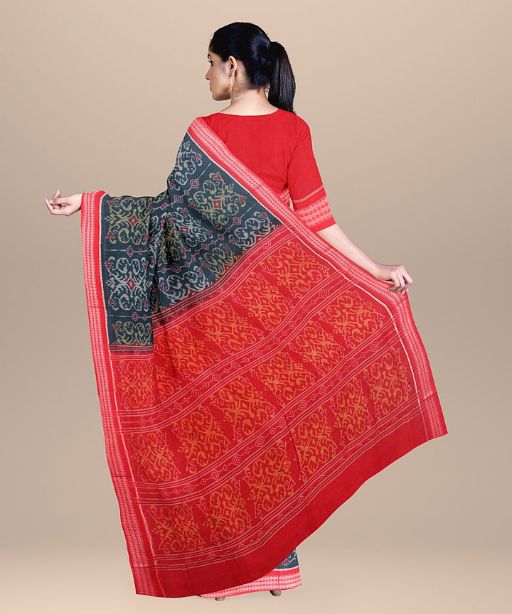 Bottle green red cotton handloom sambalpuri saree