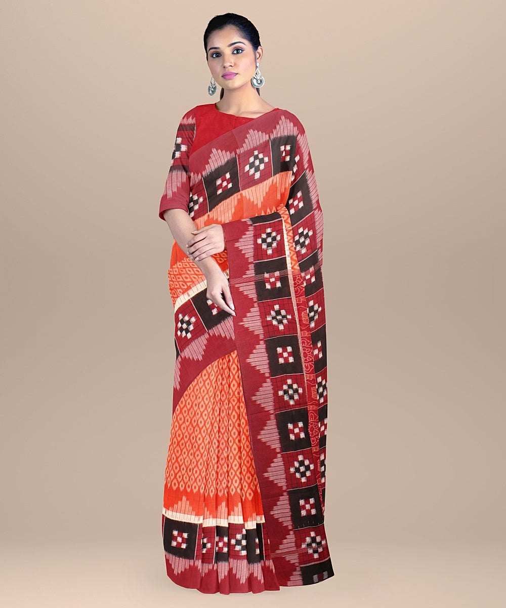 Orange maroon handloom cotton sambalpuri saree