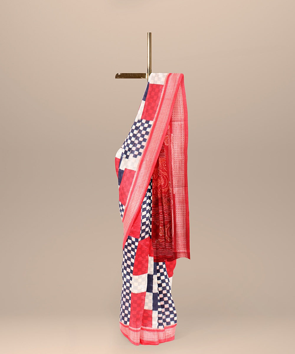 Blue white red cotton handloom sambalpuri saree