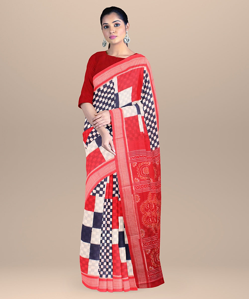 Blue white red cotton handloom sambalpuri saree