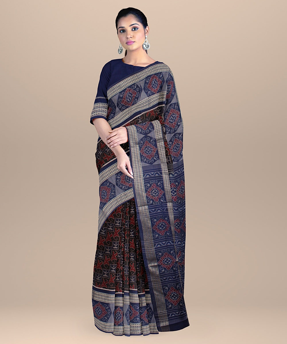 Deep maroon blue cotton handloom sambalpuri saree