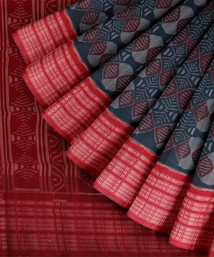 Teal blue red cotton handloom sambalpuri saree