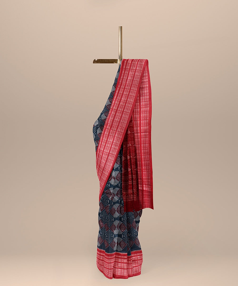 Teal blue red cotton handloom sambalpuri saree