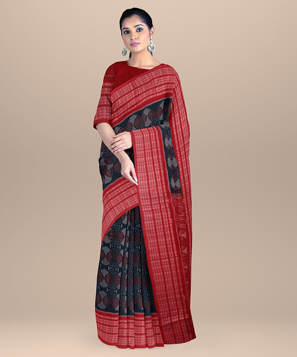 Teal blue red cotton handloom sambalpuri saree