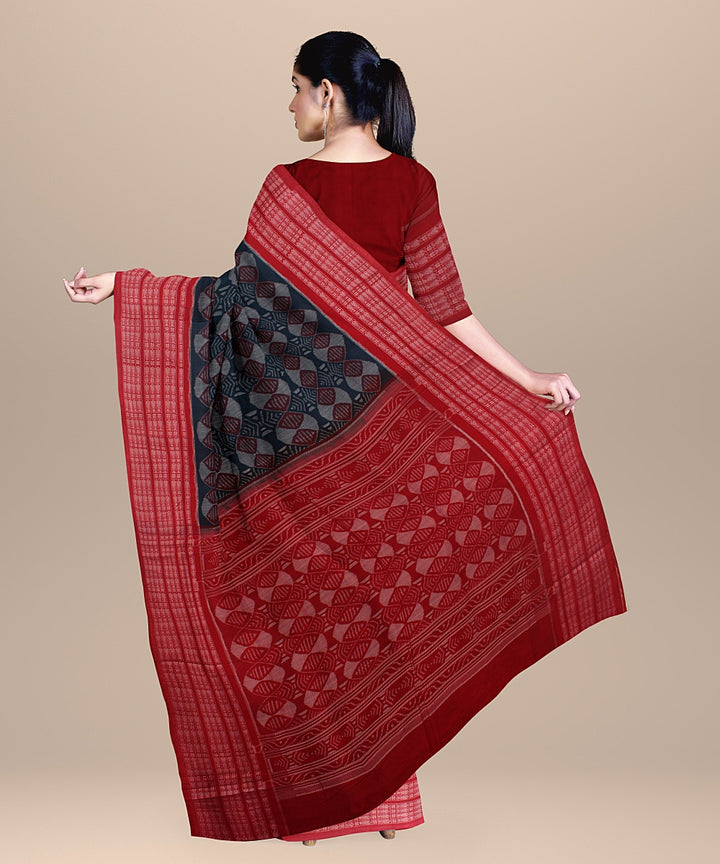 Teal blue red cotton handloom sambalpuri saree