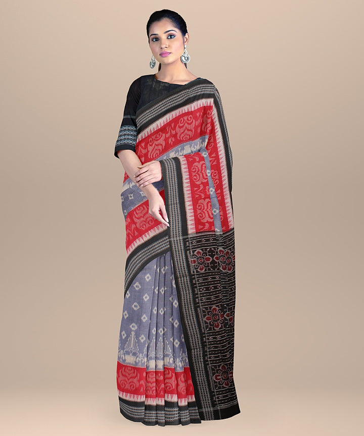 Light blue red black cotton handloom sambalpuri saree