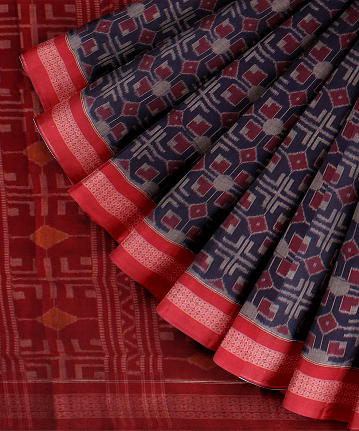 Navy blue red handloom cotton sambalpuri saree