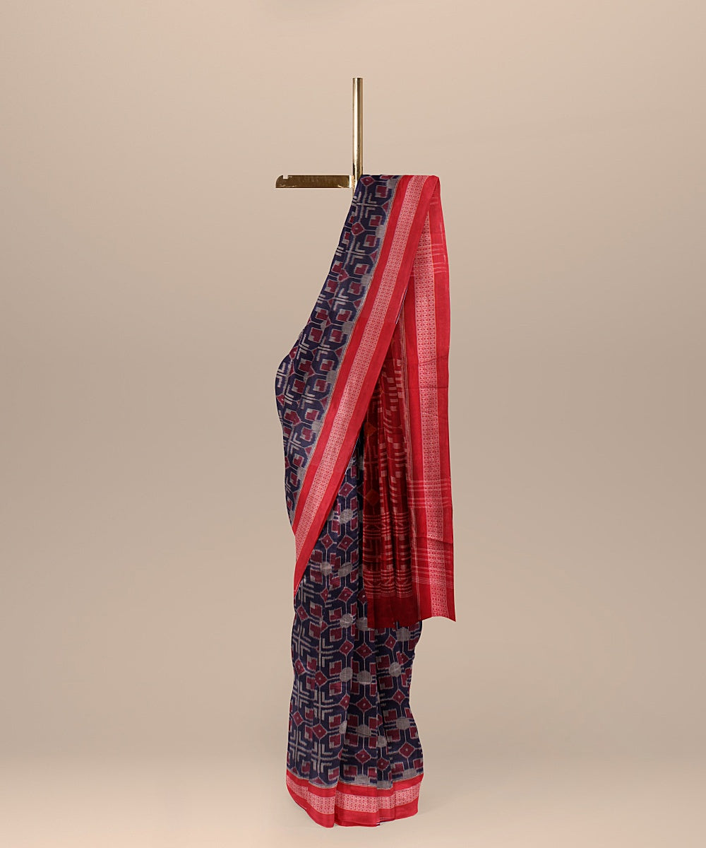 Navy blue red handloom cotton sambalpuri saree