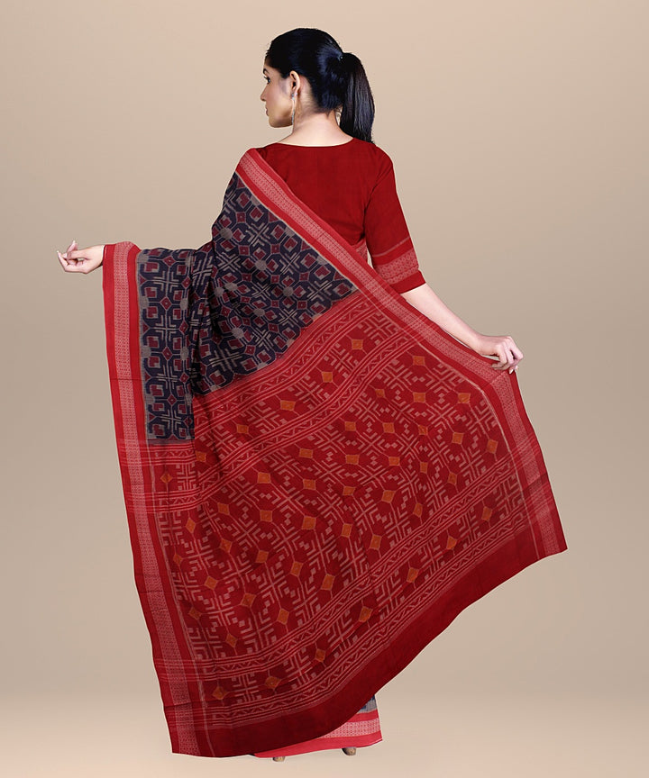 Navy blue red handloom cotton sambalpuri saree