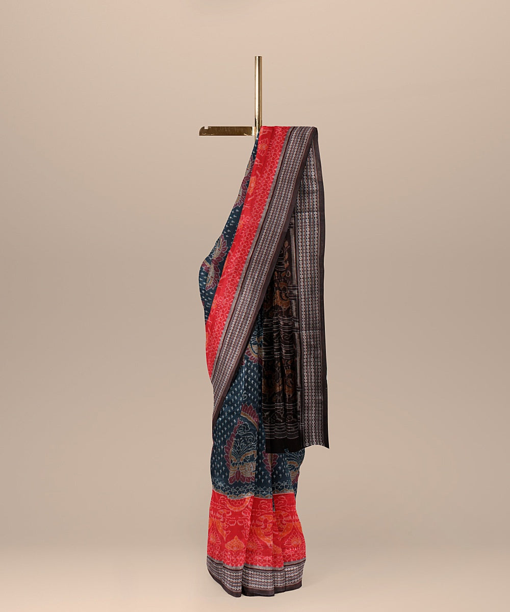 Teal green red cotton handloom sambalpuri saree