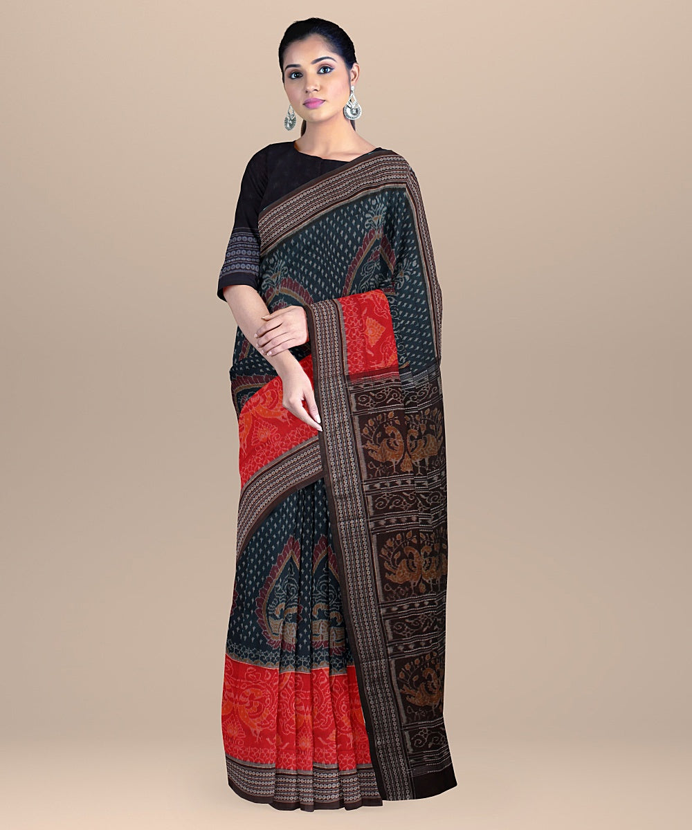 Teal green red cotton handloom sambalpuri saree