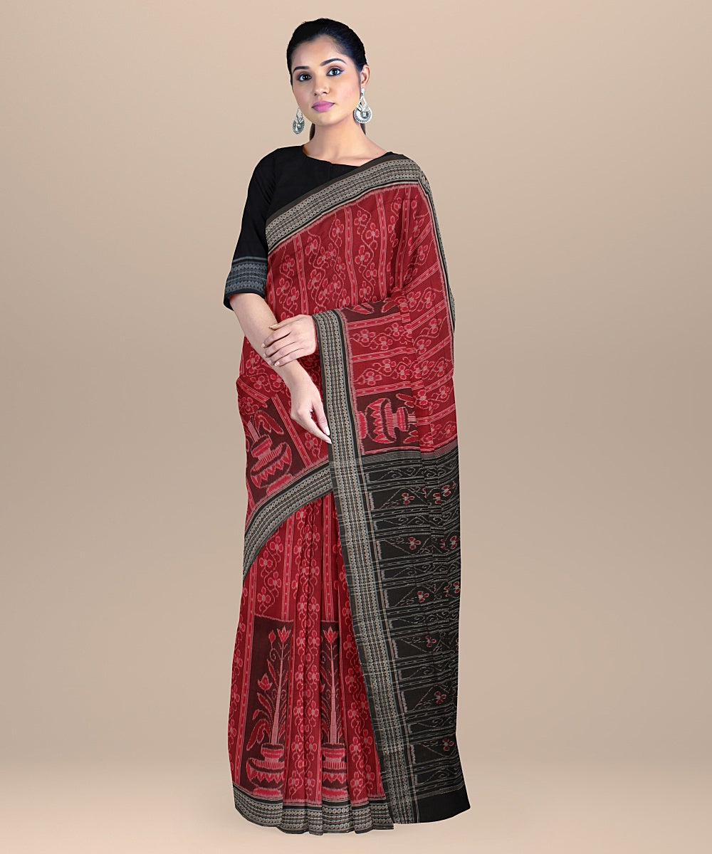 Maroon black handloom cotton sambalpuri saree