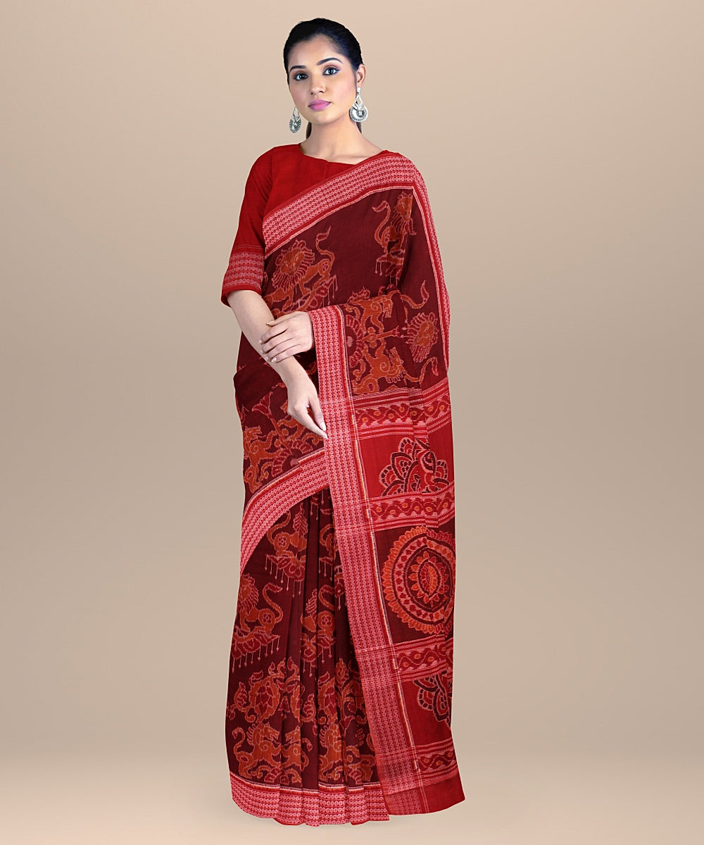 Maroon red sambalpuri handloom cotton saree