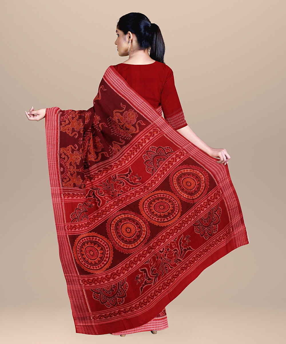 Maroon red sambalpuri handloom cotton saree