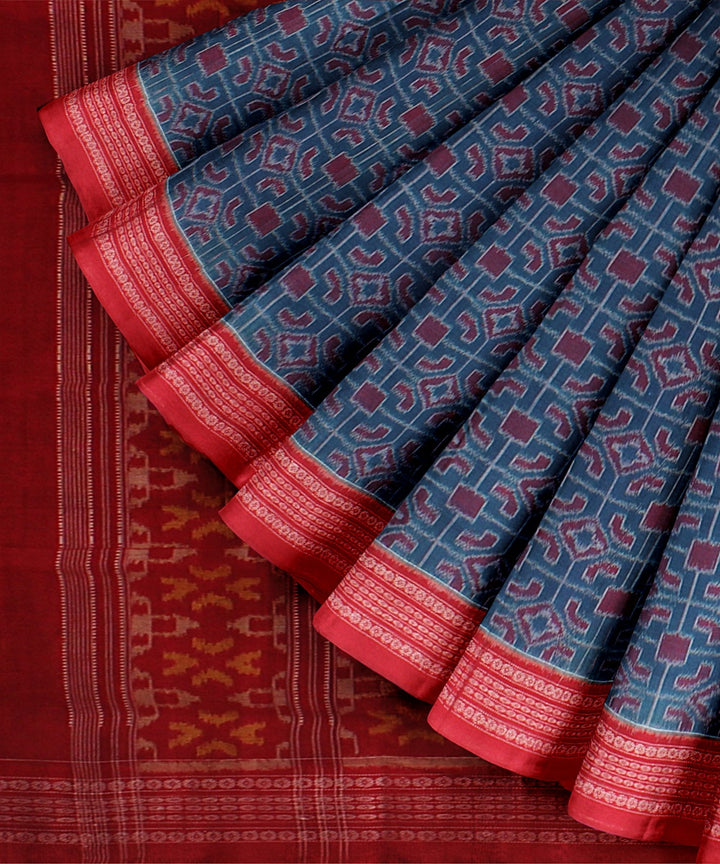 Cyan blue red cotton handloom sambalpuri saree