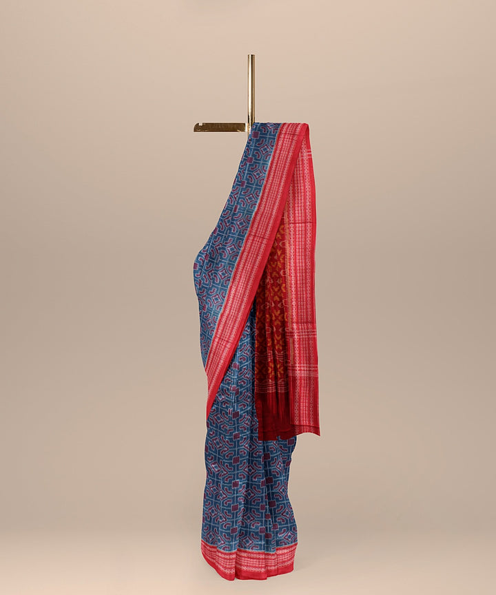 Cyan blue red cotton handloom sambalpuri saree