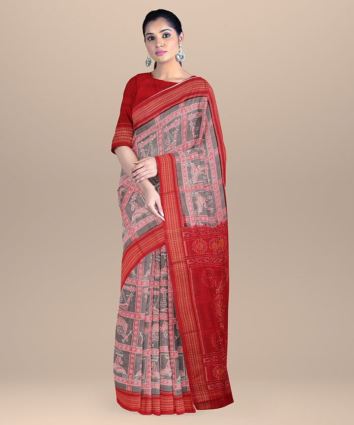 Grey red handloom sambalpuri cotton saree