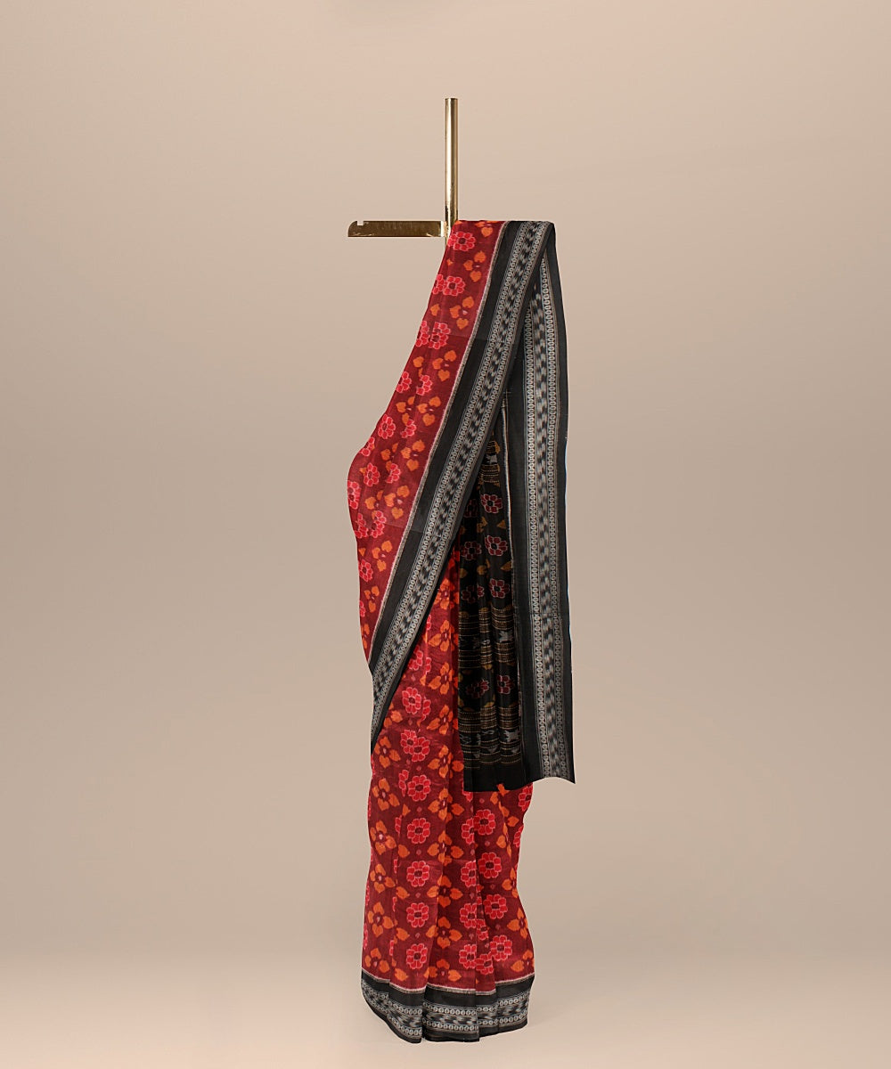 Maroon black cotton handloom sambalpuri saree