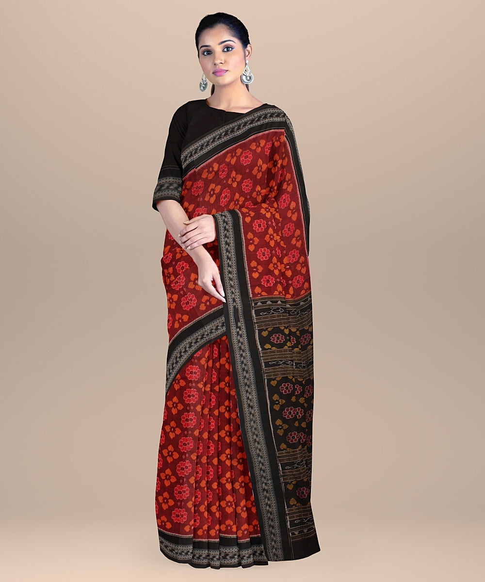 Maroon black cotton handloom sambalpuri saree