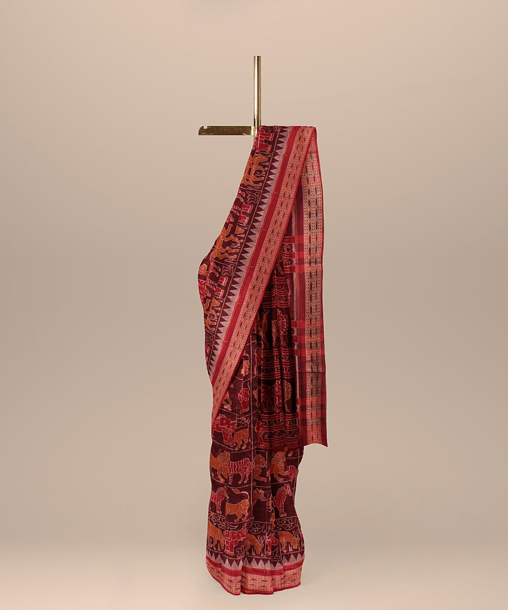 Maroon red cotton sambalpuri handloom saree