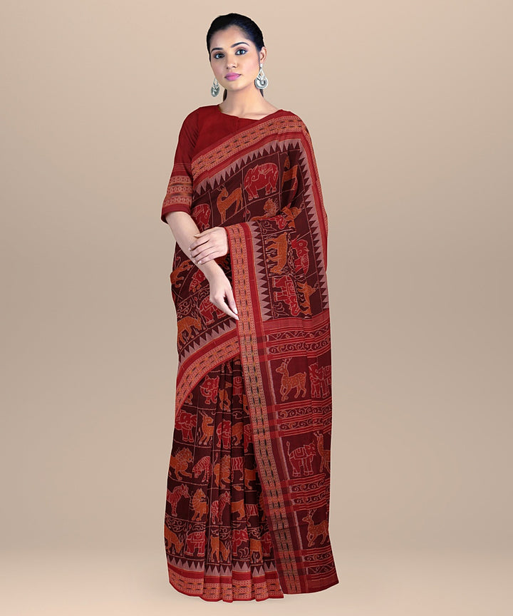 Maroon red cotton sambalpuri handloom saree