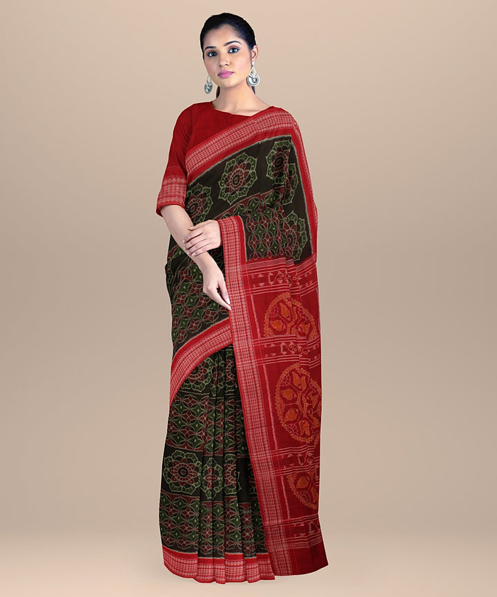 Olive green red cotton handloom sambalpuri saree