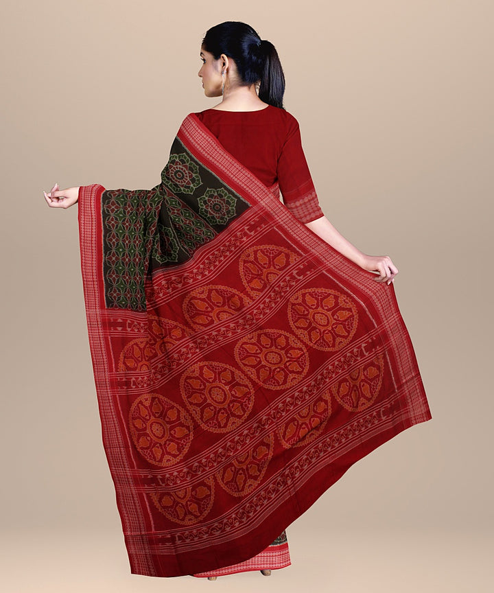 Olive green red cotton handloom sambalpuri saree