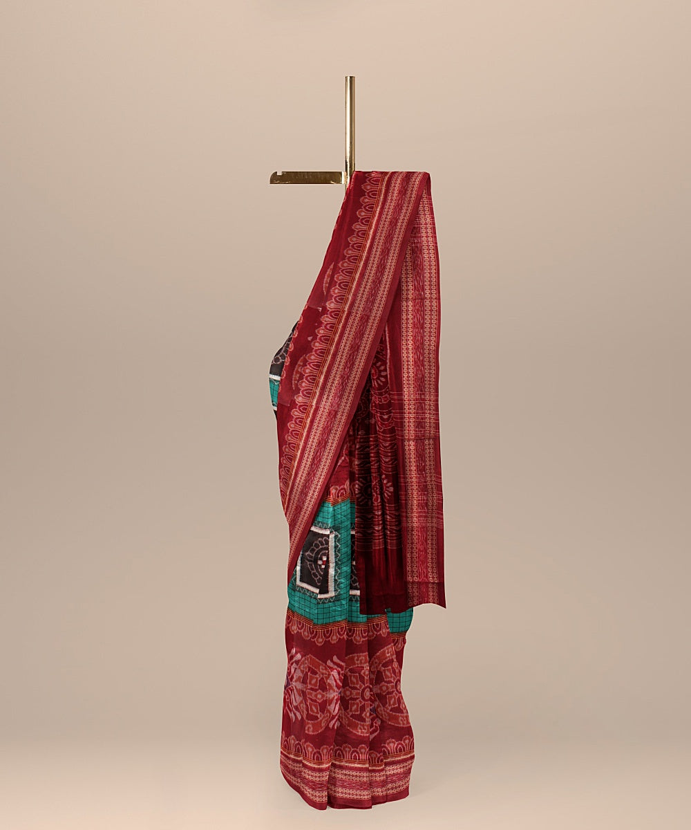 Cyan green maroon cotton handloom sambalpuri saree