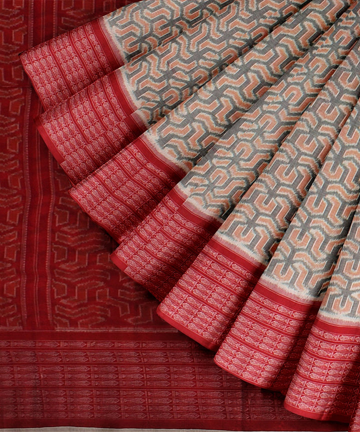 Grey red cotton handloom sambalpuri saree