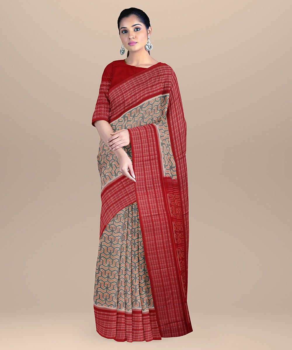 Grey red cotton handloom sambalpuri saree