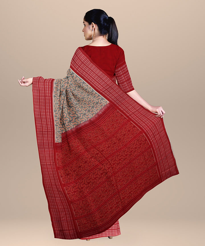 Grey red cotton handloom sambalpuri saree