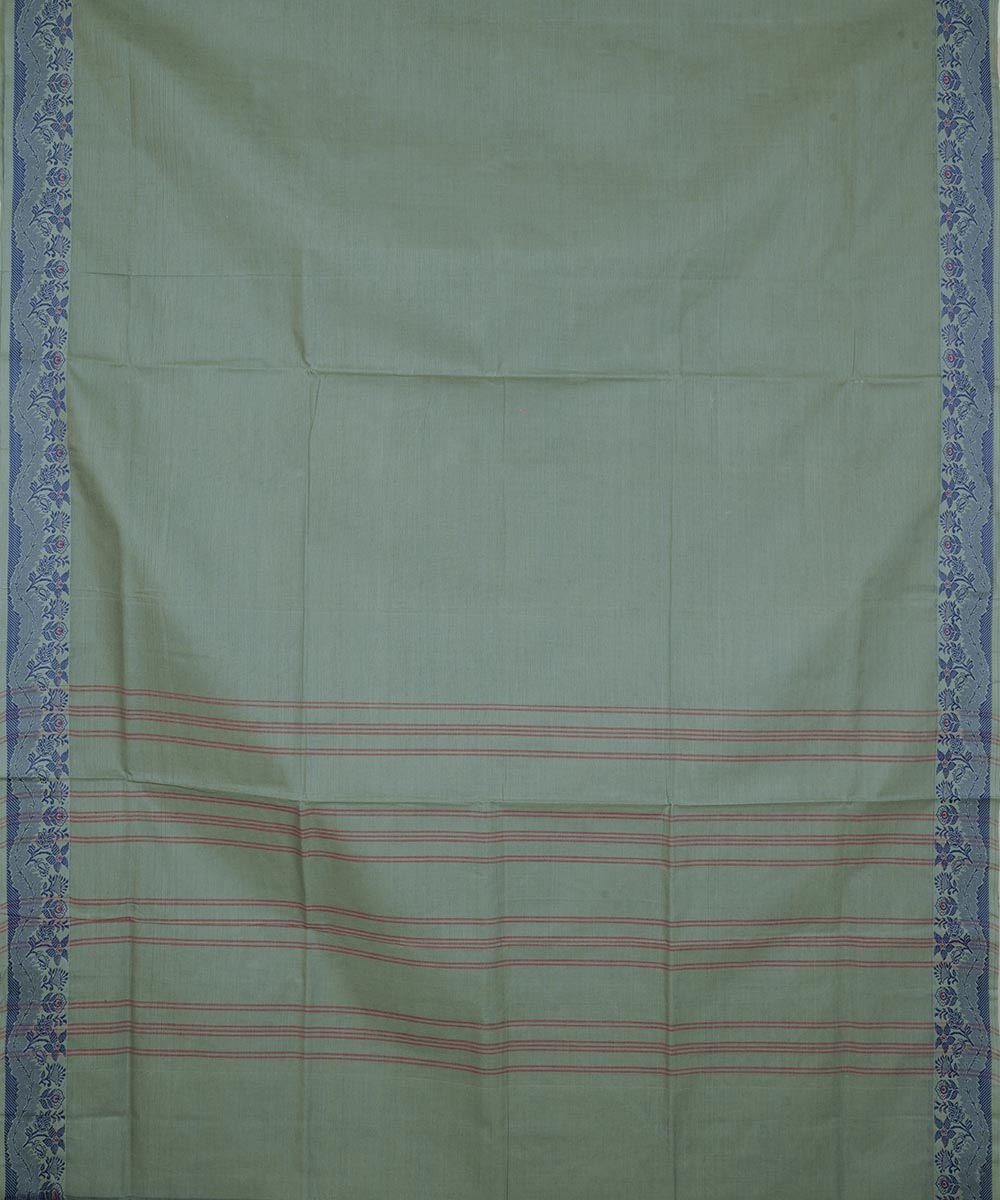 Hunter green sky blue border cotton venkatagiri handwoven saree
