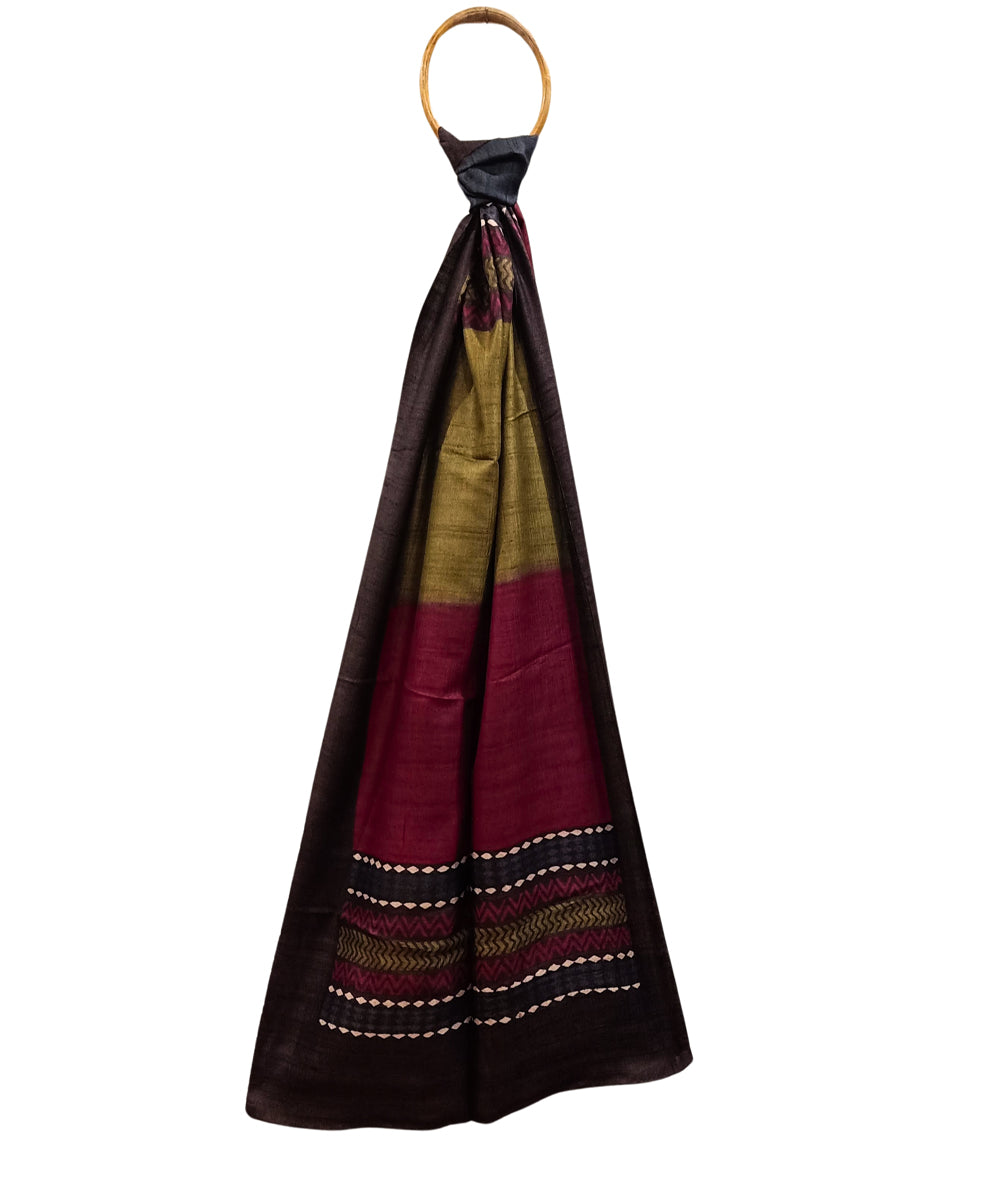 Multicolor tussar silk handwoven block print stole