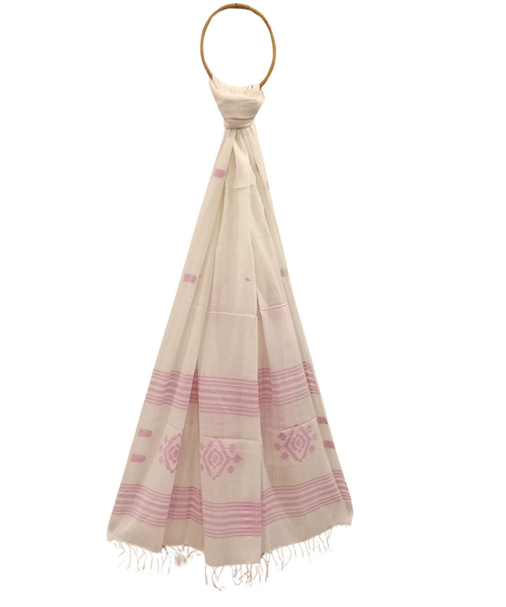 White pink handwoven cotton jamdani dupatta