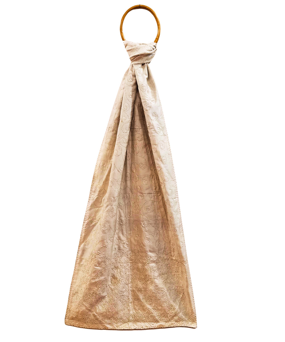 White handwoven silk kantha stitch stole