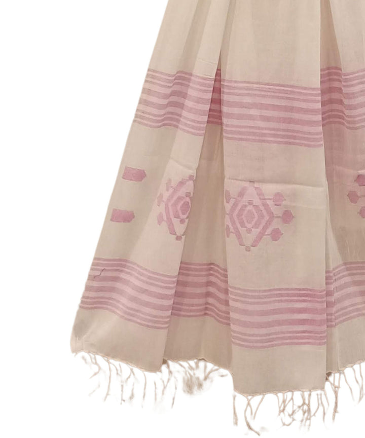 White pink handwoven cotton jamdani dupatta