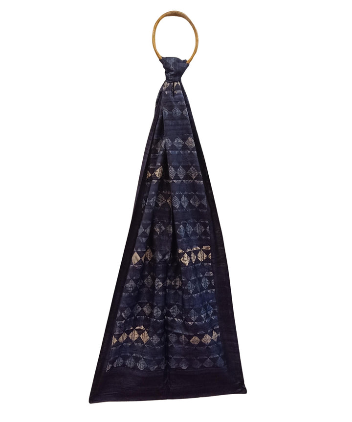 Navy blue handwoven tussar silk block print stole