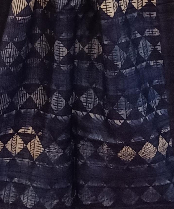 Navy blue handwoven tussar silk block print stole