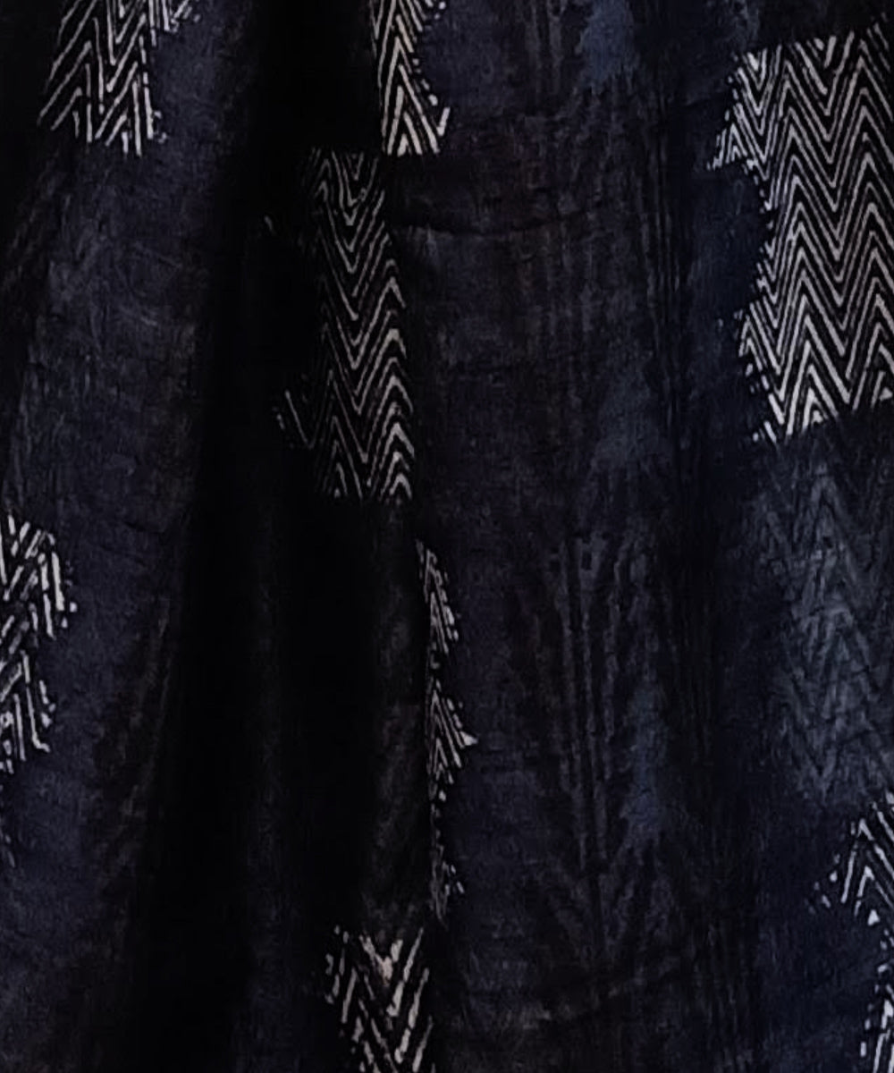 Navy blue handwoven block print tussar silk stole