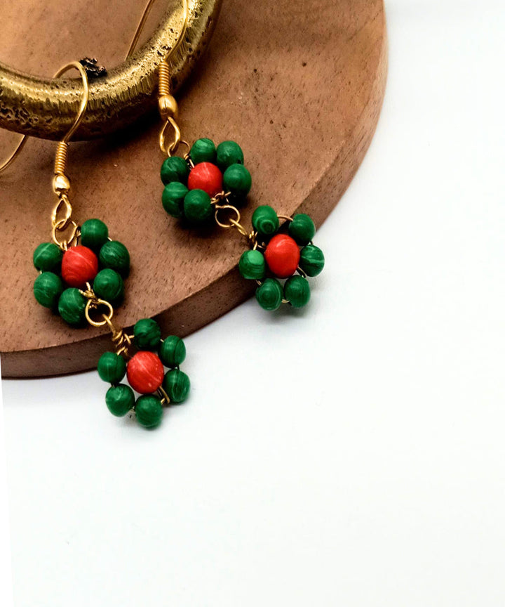 Green beads orange beads handmade brass earring