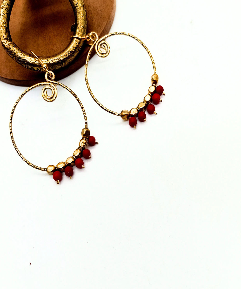 Golden red beads handmade copper earring