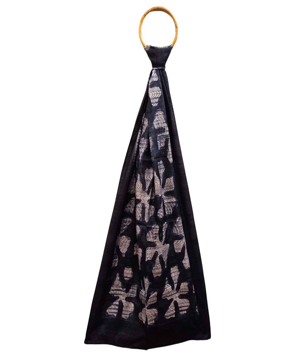 Black handwoven tussar silk block printstole