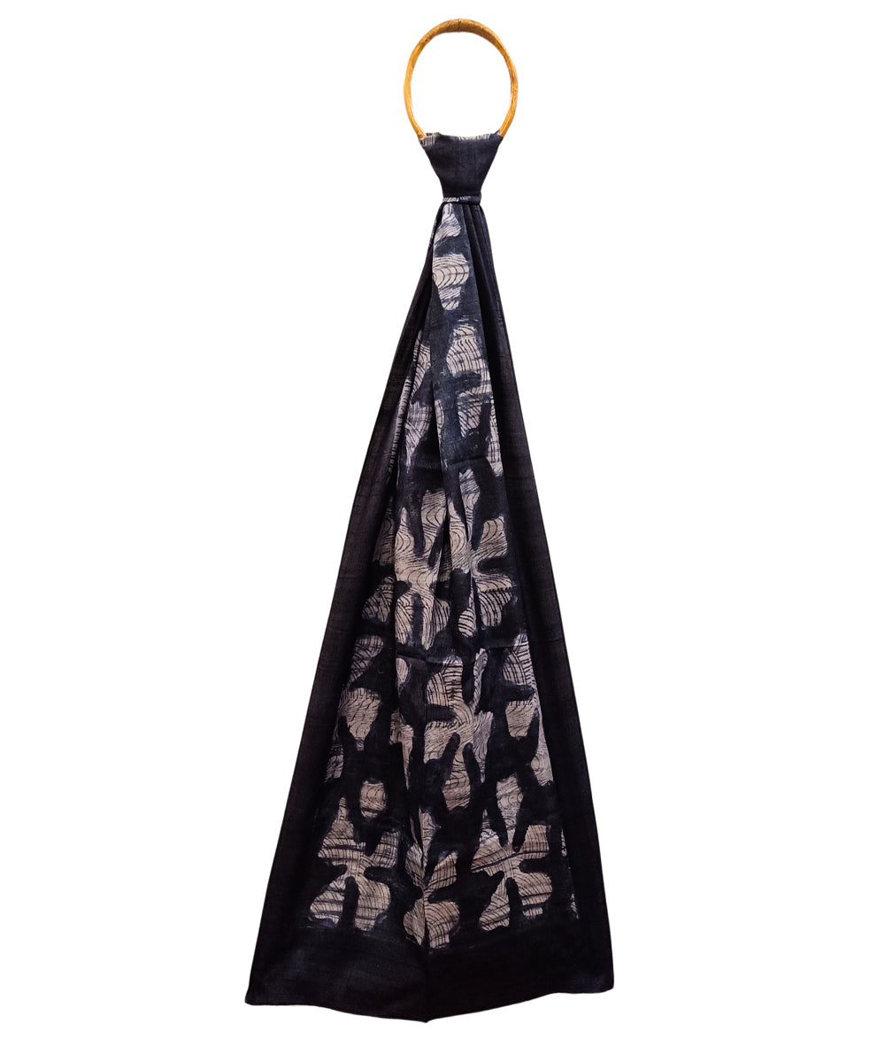 Black handwoven tussar silk block printstole